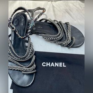 CHANEL Black and Silver Chain Sandals